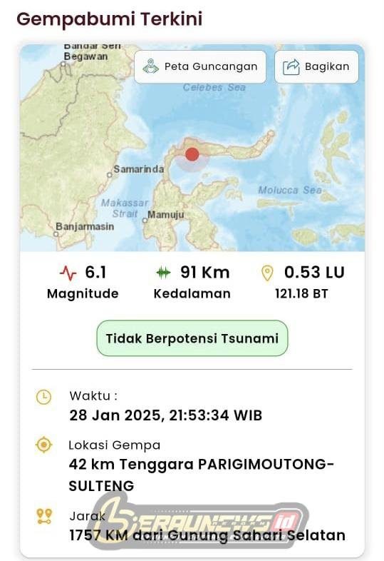 Gempa Bumi Magnitudo 6,1 Guncang Sulteng, Getaran Terasa Hingga Berau