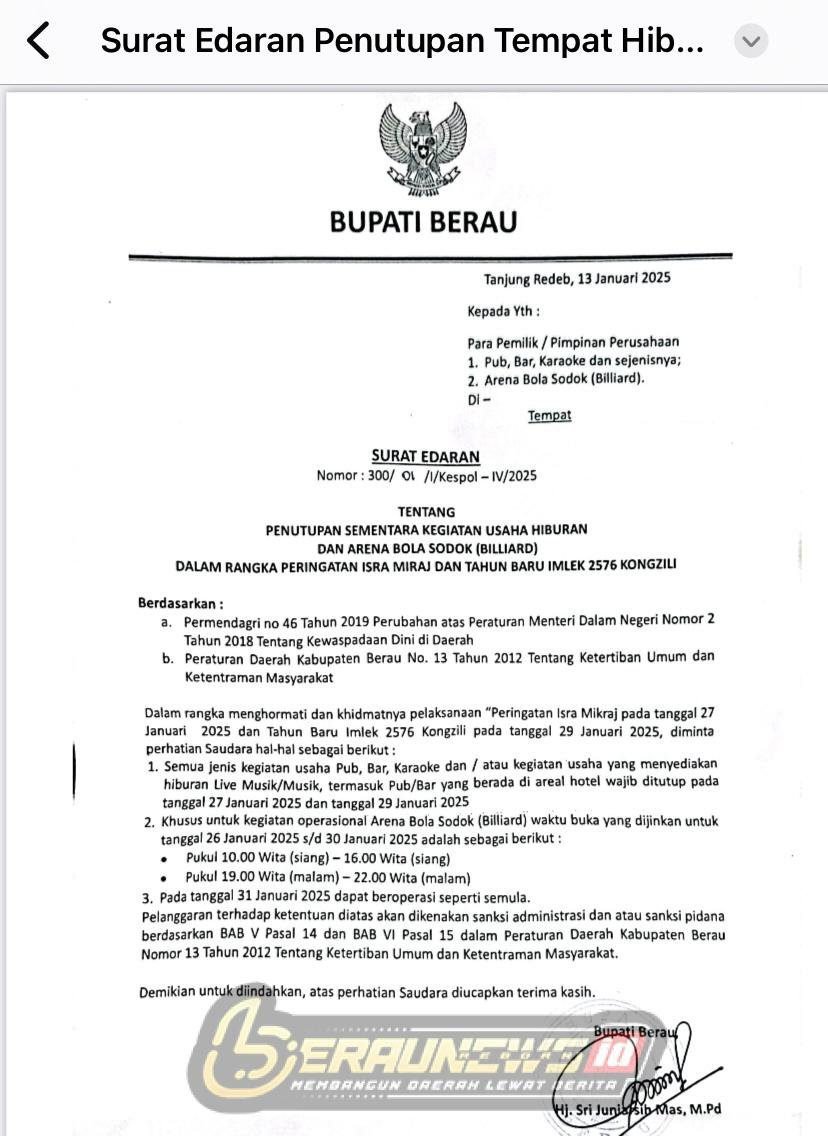 Pemkab Berau Layangkan Surat Edaran Penutupan Sementara Tempat Hiburan dan Billiard