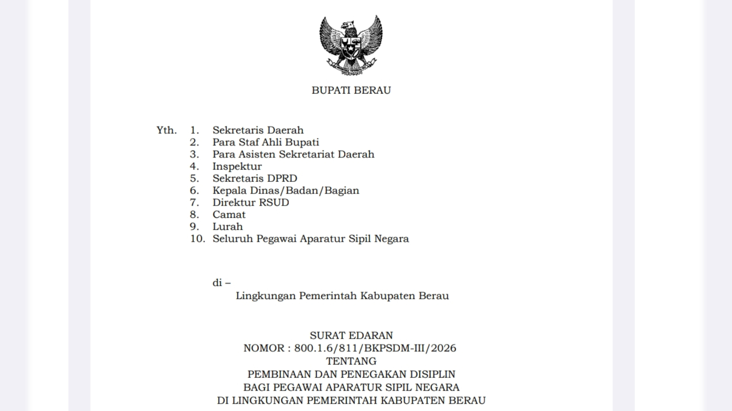 Bupati Berau Larang ASN Live Streaming dan Nongkrong di Kafe Saat Jam Kerja